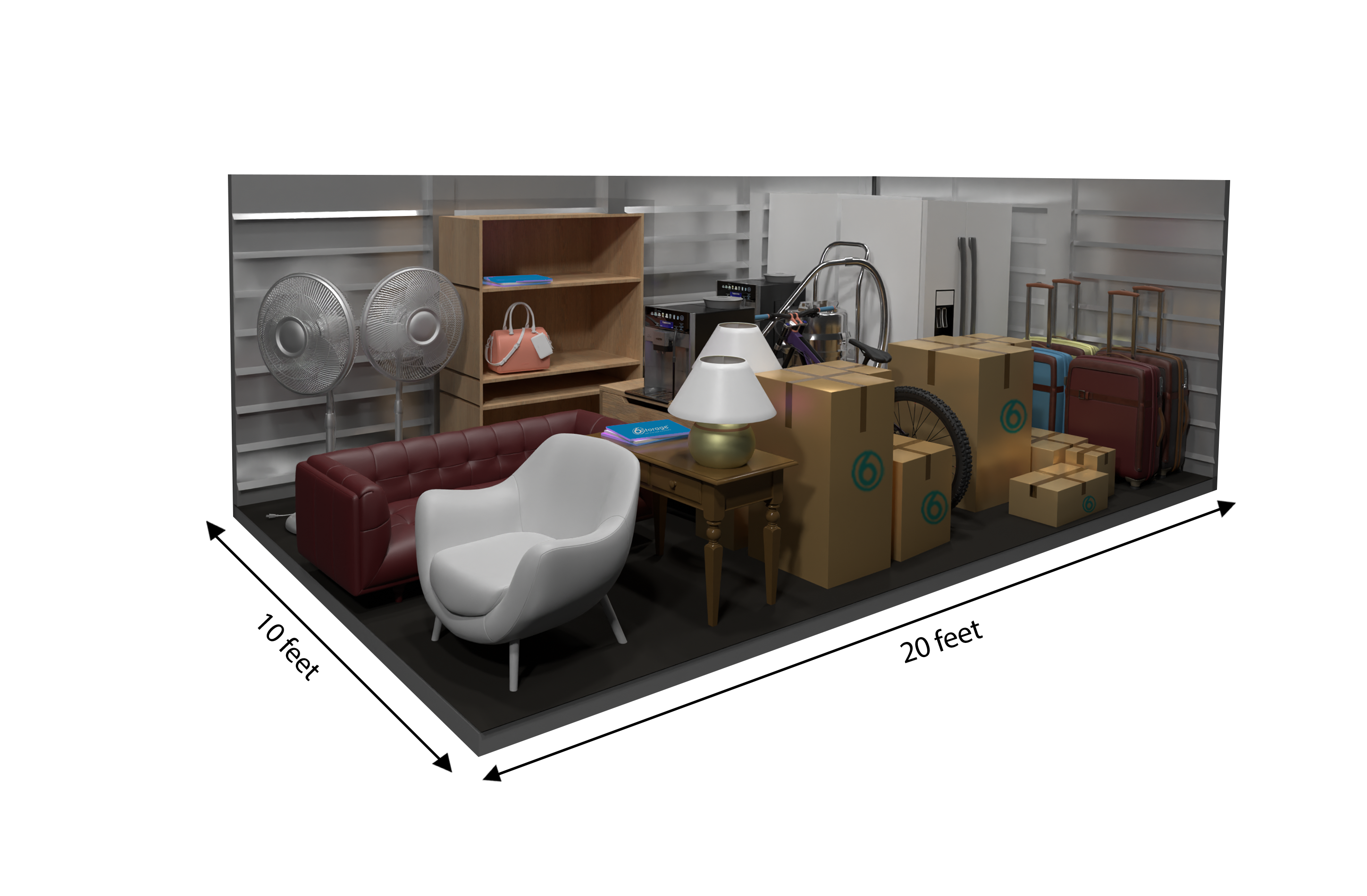 Graphic showing items that fit inside a 10 by 20 storage unit