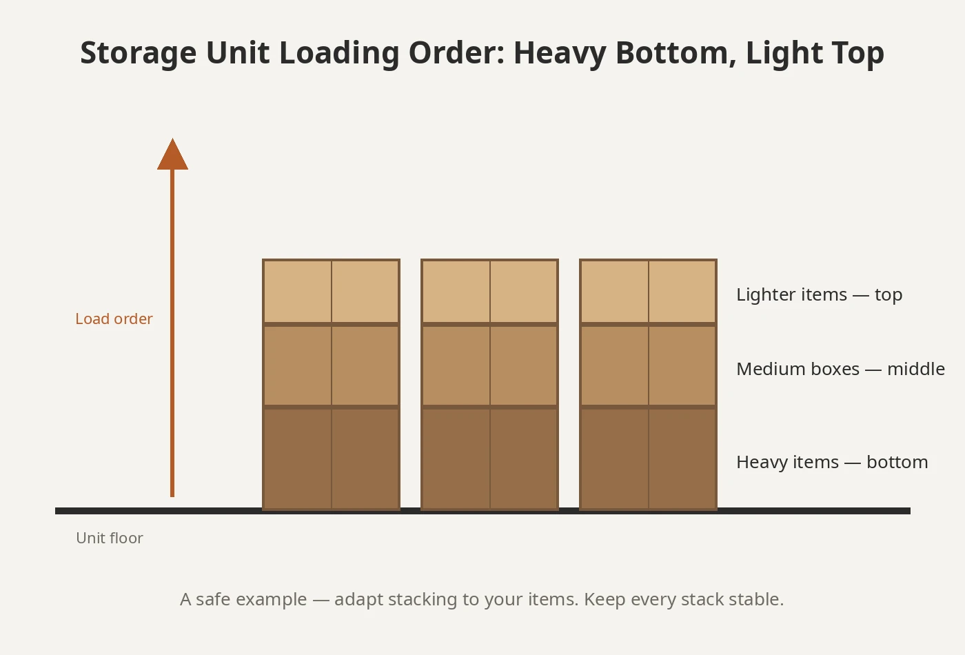 Diagram showing heavier boxes at the bottom and lighter boxes stacked above